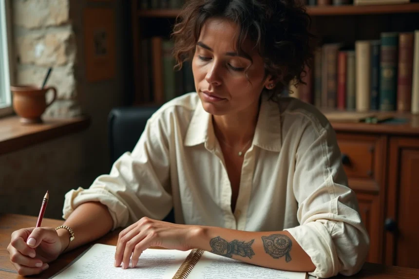 Femme réfléchie avec un tatouage hibou sur l'avant-bras consultant un journal personnel rempli de croquis symboliques