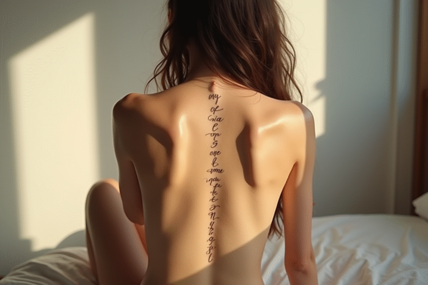 Jeune femme vue de dos avec tatouage typographique sur la colonne vertébrale