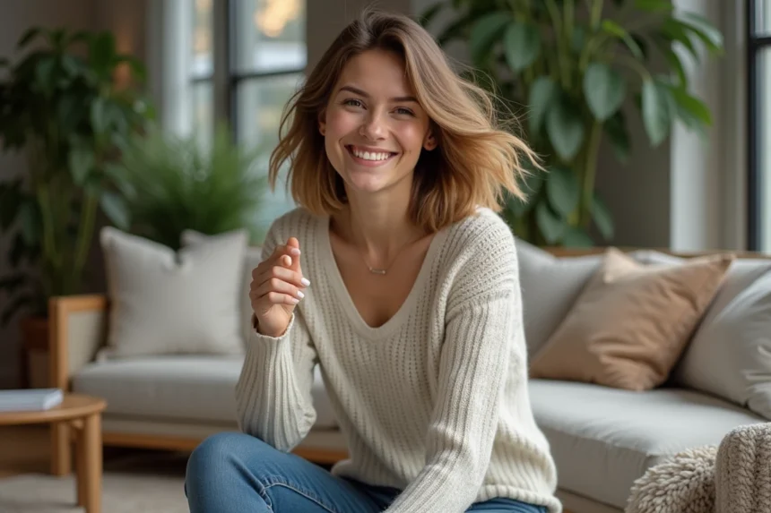 Femme souriante avec coupe textured dans un salon moderne