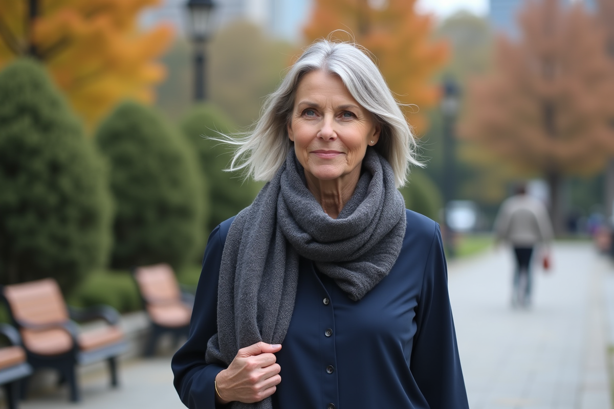 Femme confiante en promenade dans un parc urbain en automne