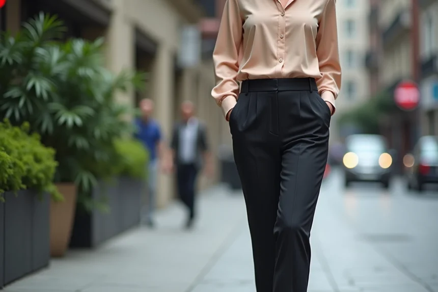 Femme élégante marchant en ville avec pantalon ajusté