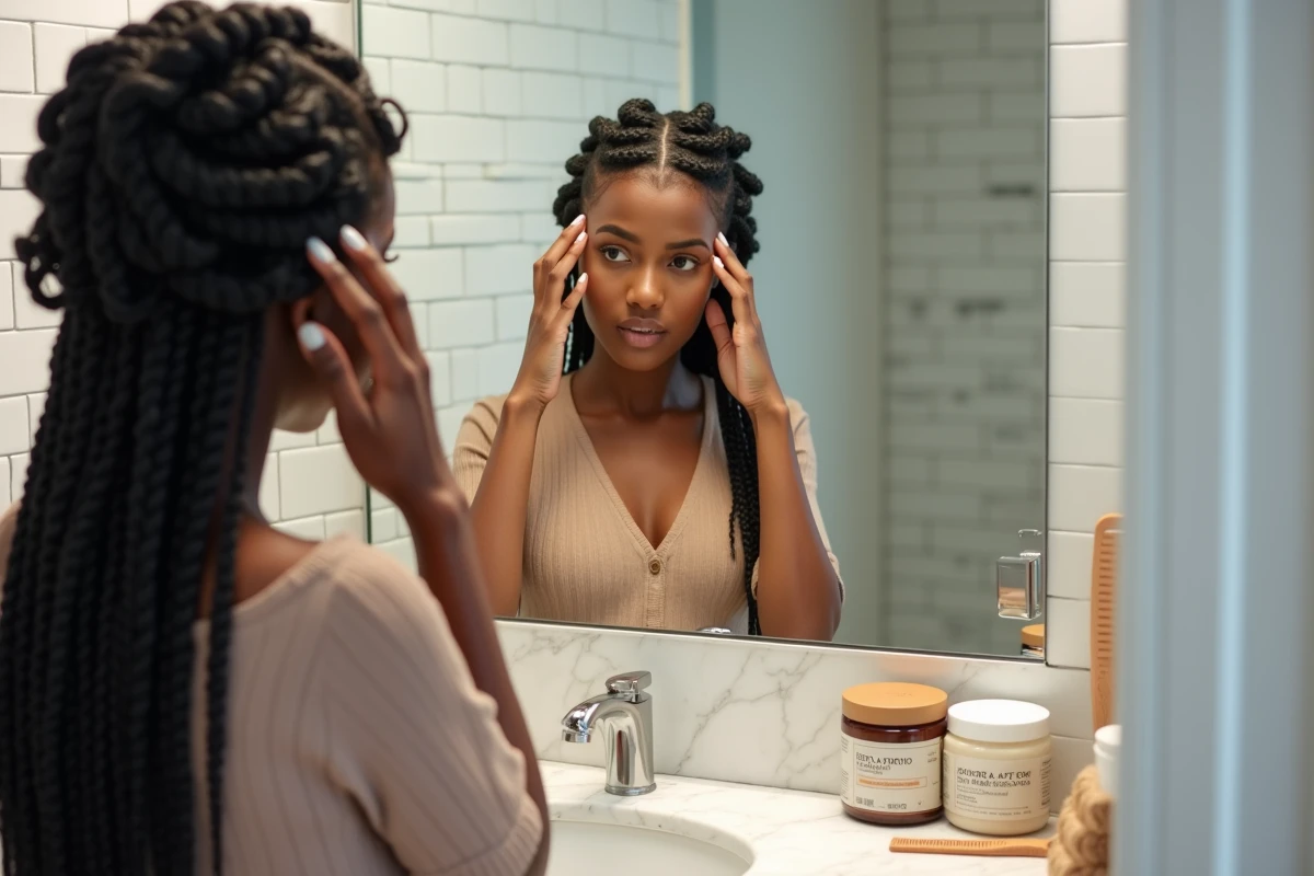 Jeune femme inspectant ses tresses afro devant un miroir de salle de bain, vérifiant la tension sur le contour du visage après la coiffure