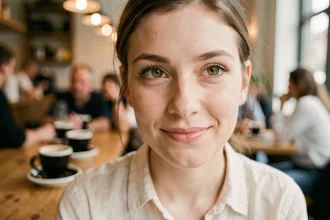 Femme aux yeux hazel en gros plan, regard doux et expressif dans un café chaleureux