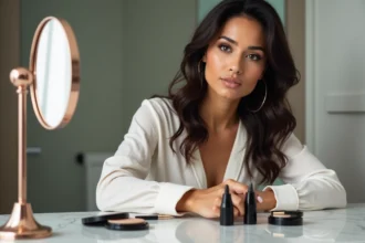 Femme examinant trois types de khôl sur son vanity