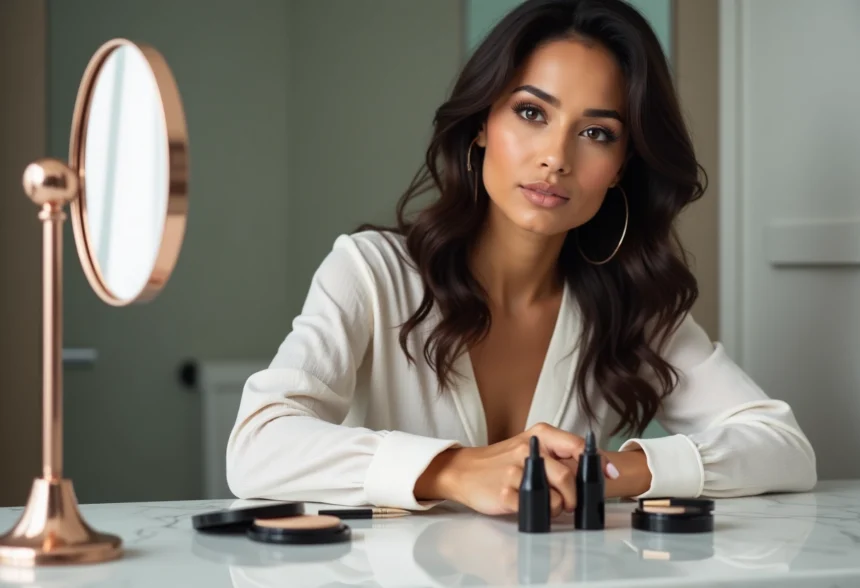 Femme examinant trois types de khôl sur son vanity