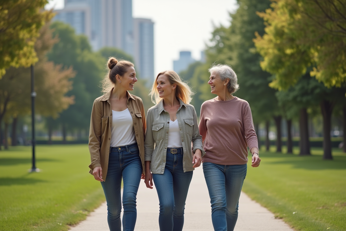 Trois femmes marchant dans un parc urbain ensoleille