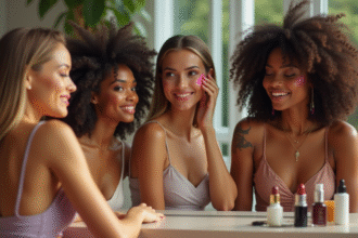 Groupe de femmes essayant du maquillage naturel jour