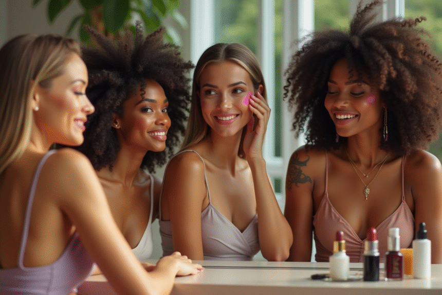 Groupe de femmes essayant du maquillage naturel jour