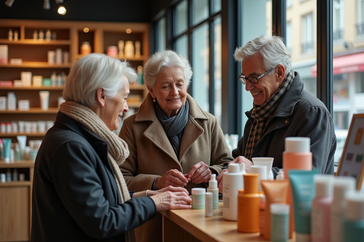 Femmes âgées et homme découvrant produits de soin en pharmacie