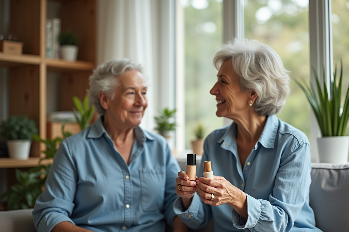 Deux femmes discutant avec bouteilles de maquillage dans un salon