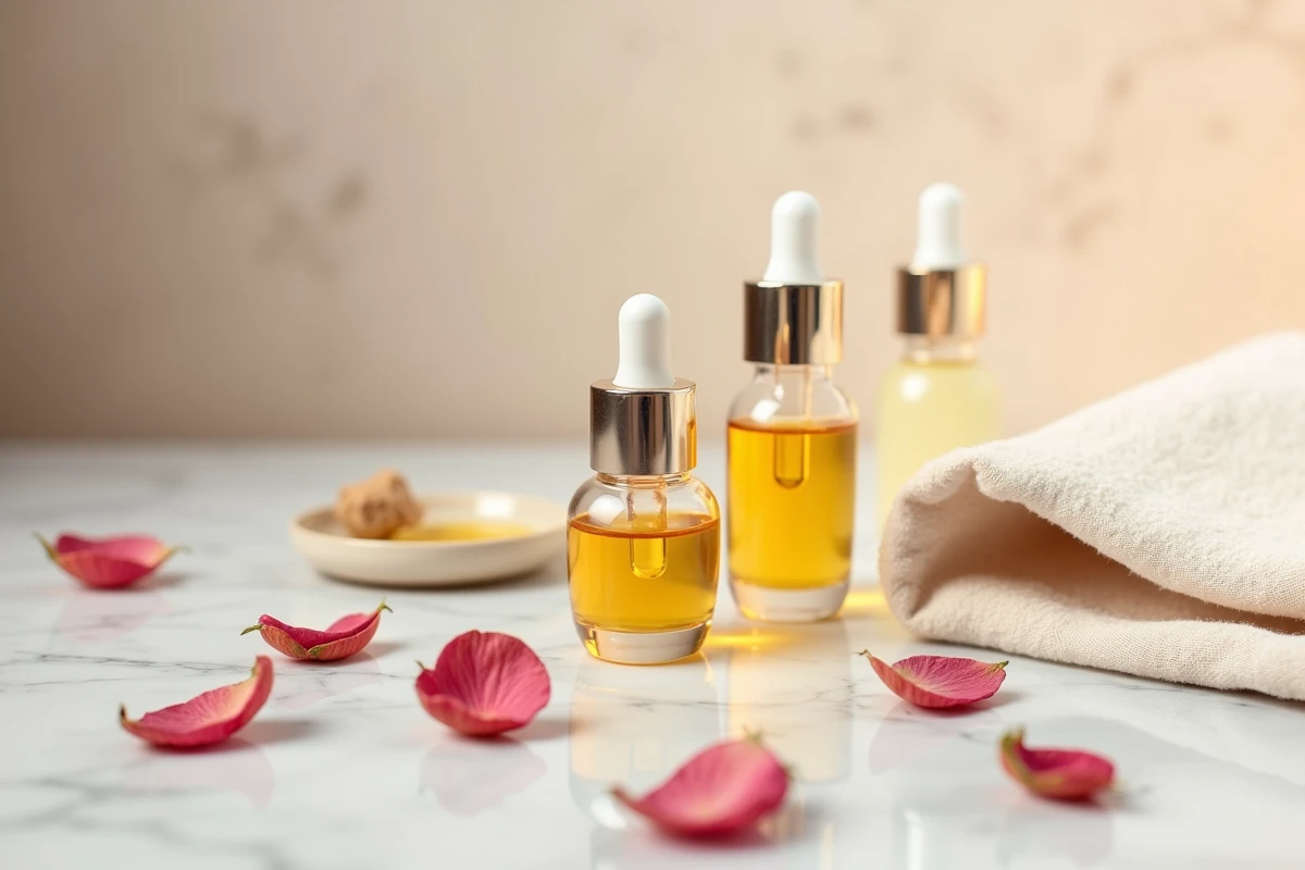Flacons d'huile hydratante pour le visage sur marbre blanc avec pétales de rose séchés, style soins naturels