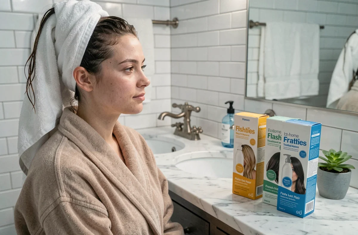 Jeune femme en robe de chambre comparant des boîtes de flash coiffeur à domicile devant un miroir de salle de bain