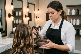 Coiffeuse professionnelle appliquant un flash coiffeur sur cliente dans un salon moderne avec miroirs et produits capillaires