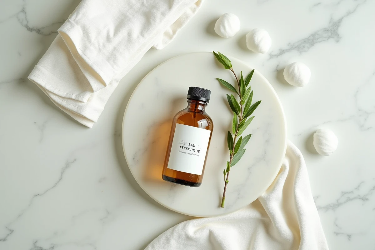 Flat lay d'une bouteille d'Eau Précieuse avec cotons et plante verte sur plan de travail en marbre, routine anti-acné