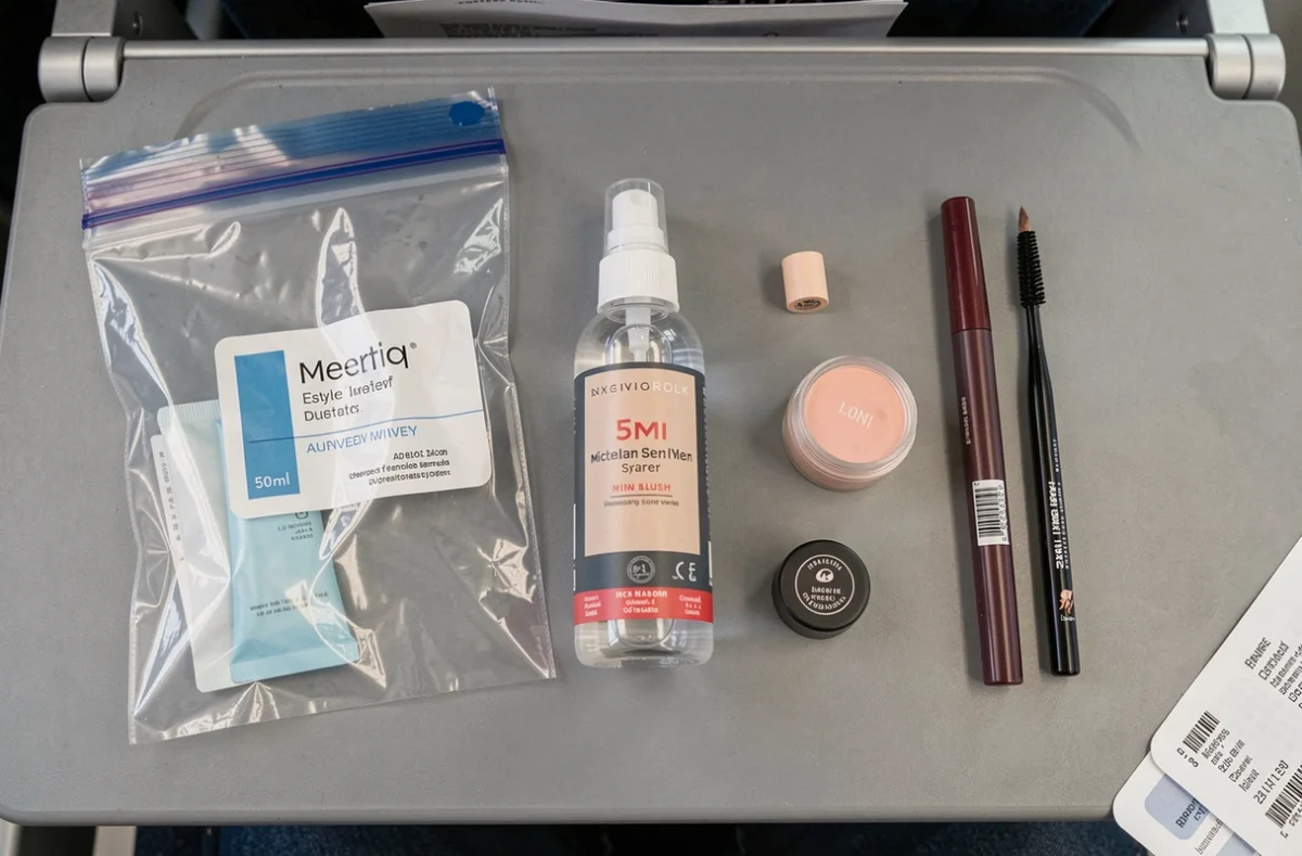 Flat lay de produits de maquillage format voyage disposés sur une tablette d'avion avec pochette transparente cabine