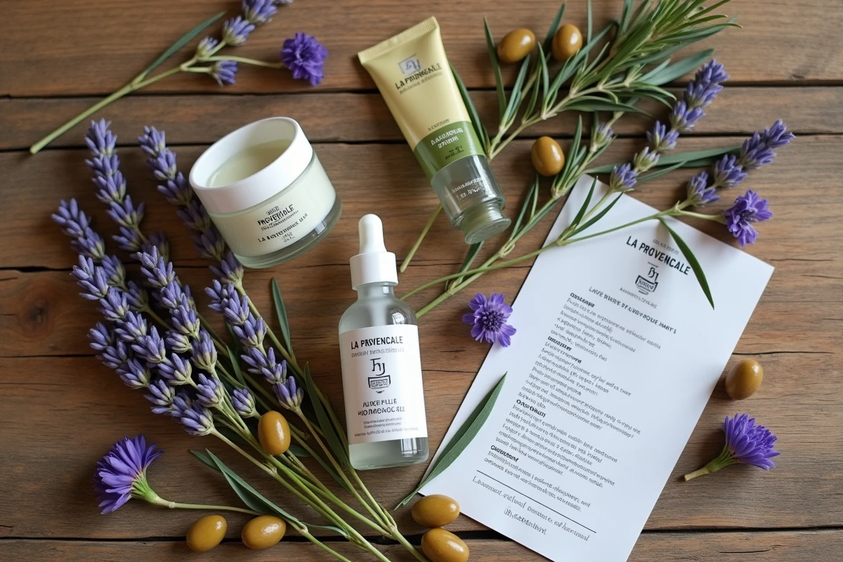 Produits de cosmétiques bio La Provençale disposés en flat lay avec lavande et branches d'olivier sur bois brut