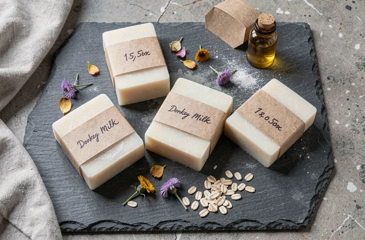 Vue du dessus de savons artisanaux au lait d'ânesse avec étiquettes de prix manuscrites sur ardoise et fleurs séchées