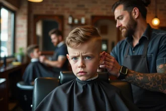 Jeune garçon chez le coiffeur recevant une coupe dégradée, assis dans un fauteuil de barbier professionnel