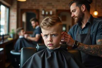 Jeune garçon chez le coiffeur recevant une coupe dégradée, assis dans un fauteuil de barbier professionnel