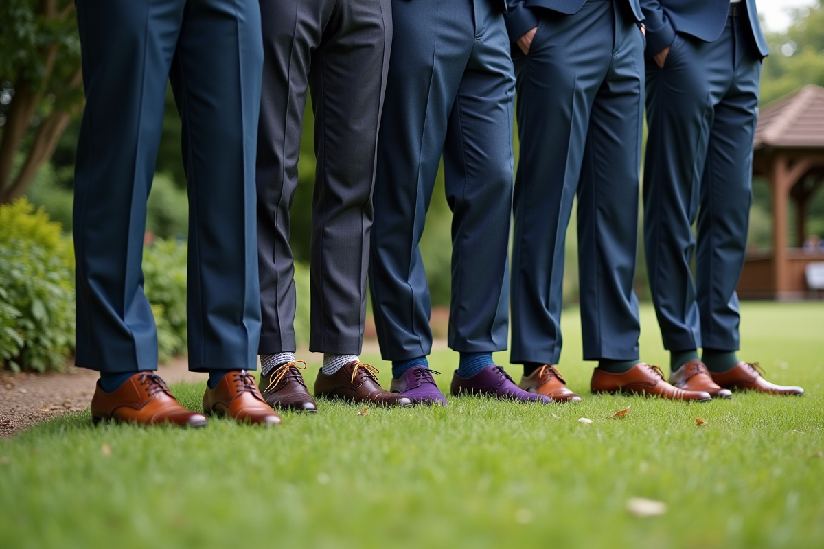 Groupe de témoins avec chaussettes colorées lors d’un mariage en extérieur
