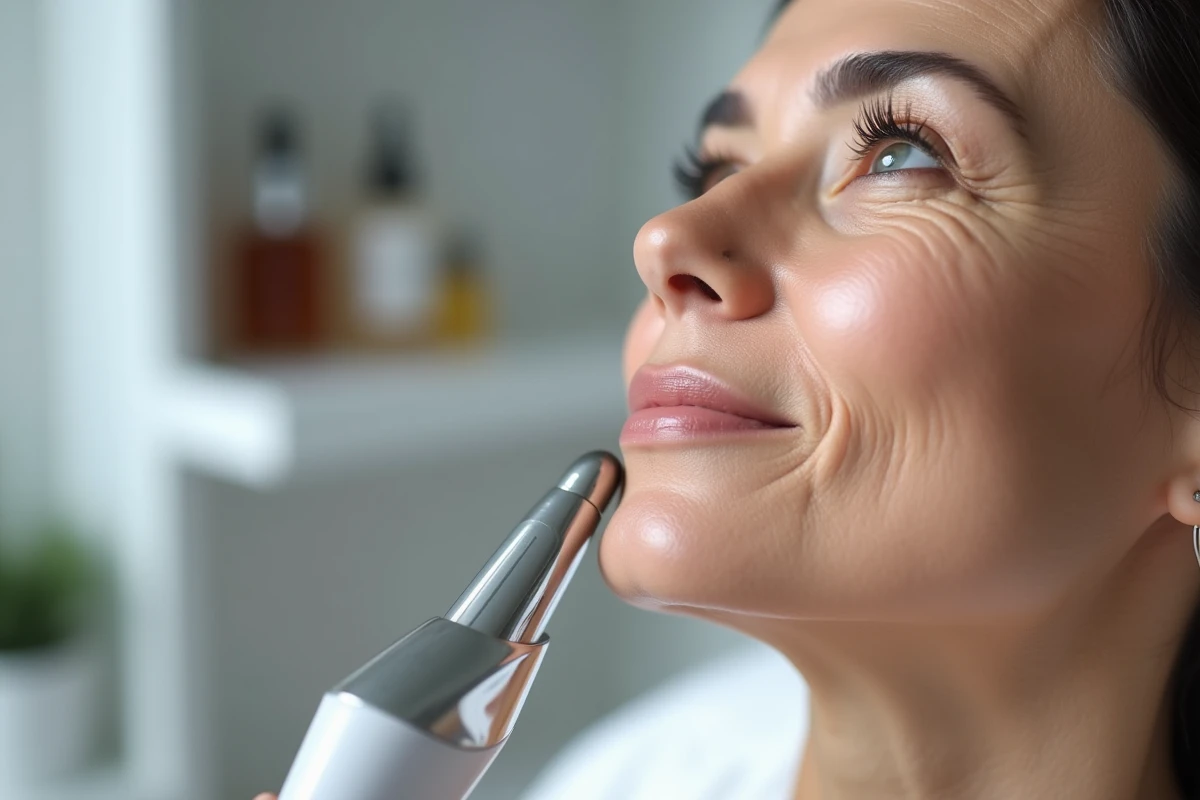 Gros plan hyper-réaliste d'un dispositif laser de rajeunissement cutané appliqué sur la pommette d'une femme mature, texture de peau détaillée
