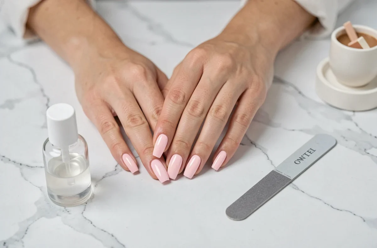 Gros plan sur des ongles en porcelaine naturels posés sur du marbre blanc, solution pour ne plus ronger ses ongles