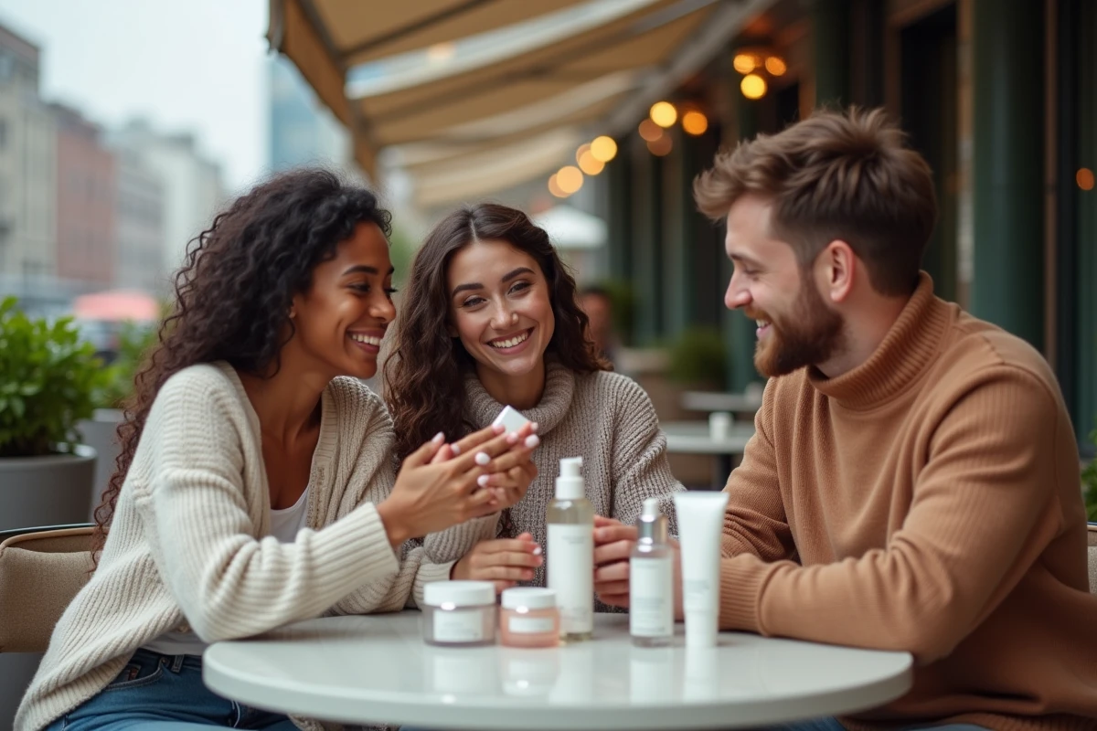 Groupe de jeunes souriants comparant des produits de soin en terrasse