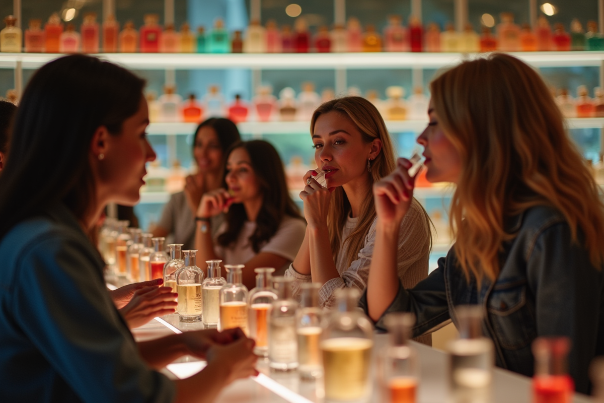 Groupe de personnes dans une boutique parfumant avec ambiance conviviale