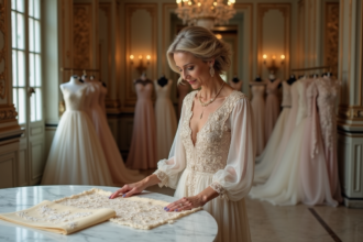Femme élégante en robe couture examinant tissus à Paris
