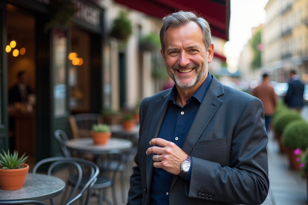 Homme ajustant une bague avec pierre précieuse en terrasse de café