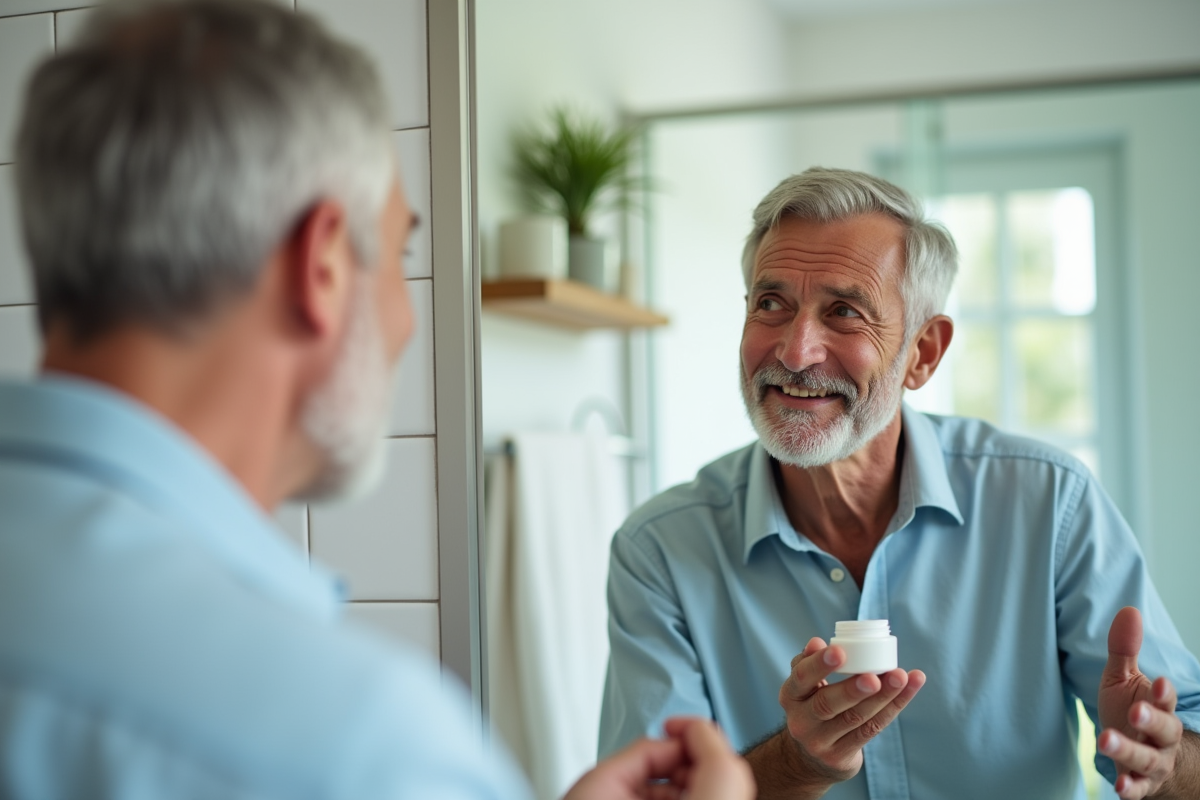 Homme examine sa peau dans le miroir de sa salle de bain