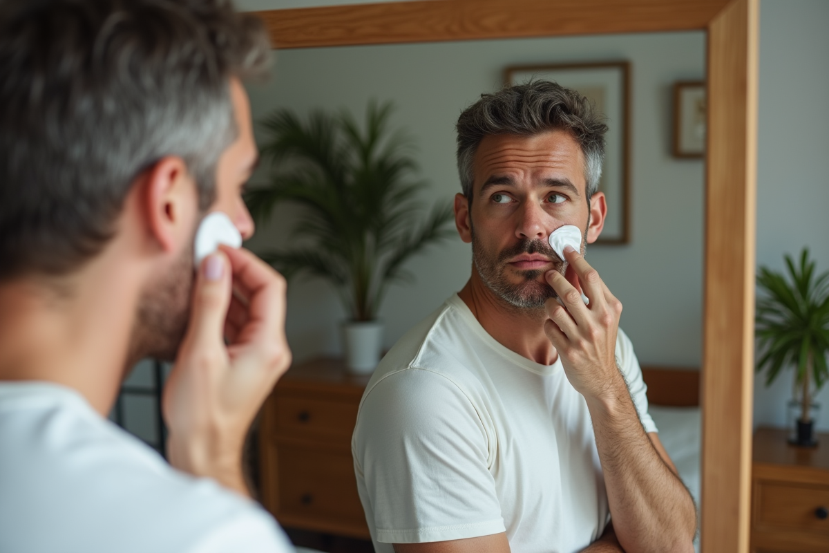 Homme appliquant une creme sur le visage dans sa chambre