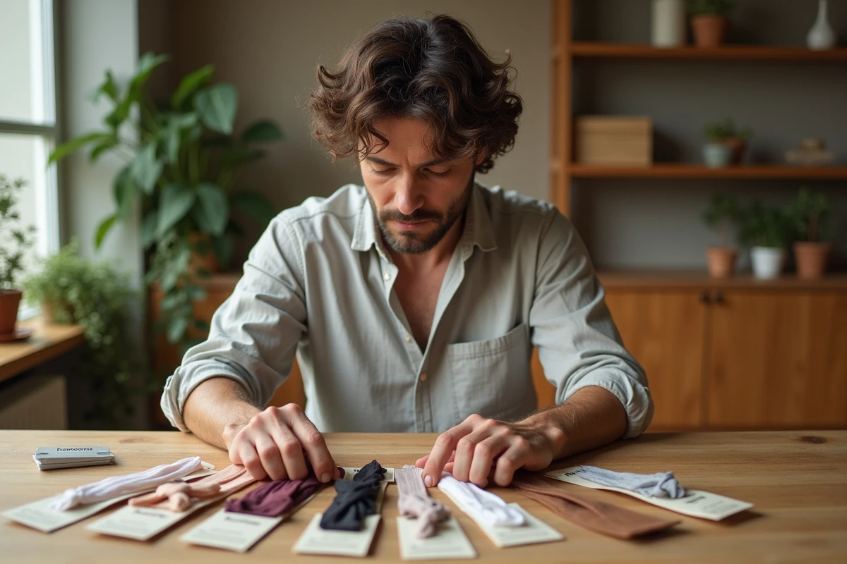 Homme montrant des rubans kardoune de différentes matières