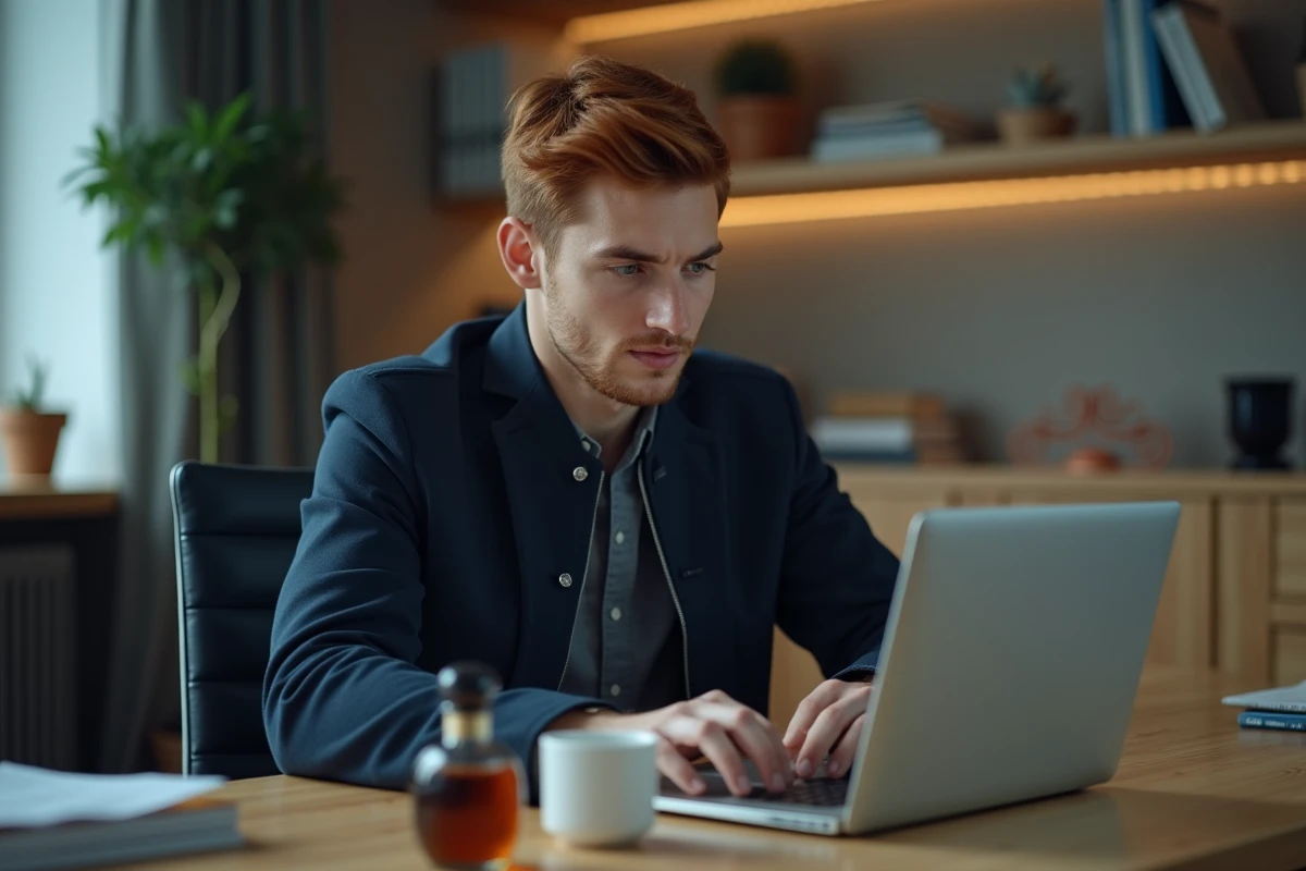 Homme lisant des avis clients en ligne sur un ordinateur portable avec un flacon de parfum posé sur le bureau