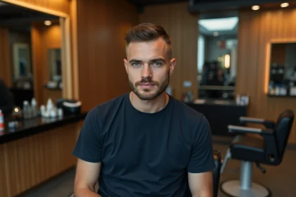 Homme en buzz cut assis dans un fauteuil de barbier moderne, portrait 3/4 réaliste pour illustrer la coupe buzz cut homme