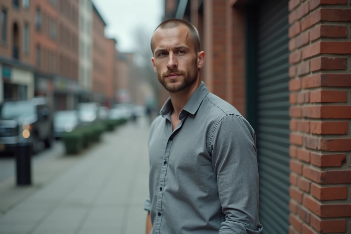 Homme avec buzz cut en extérieur urbain, plan 3/4 en légère contre-plongée pour mettre en valeur la coupe rasée