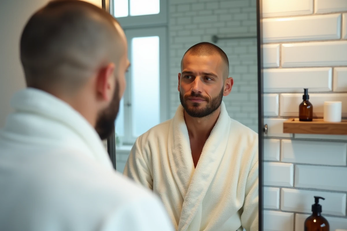 Homme au buzz cut s'examinant dans un miroir de salle de bain, portrait réaliste illustrant les conseils pour éviter l'effet tête d'œuf