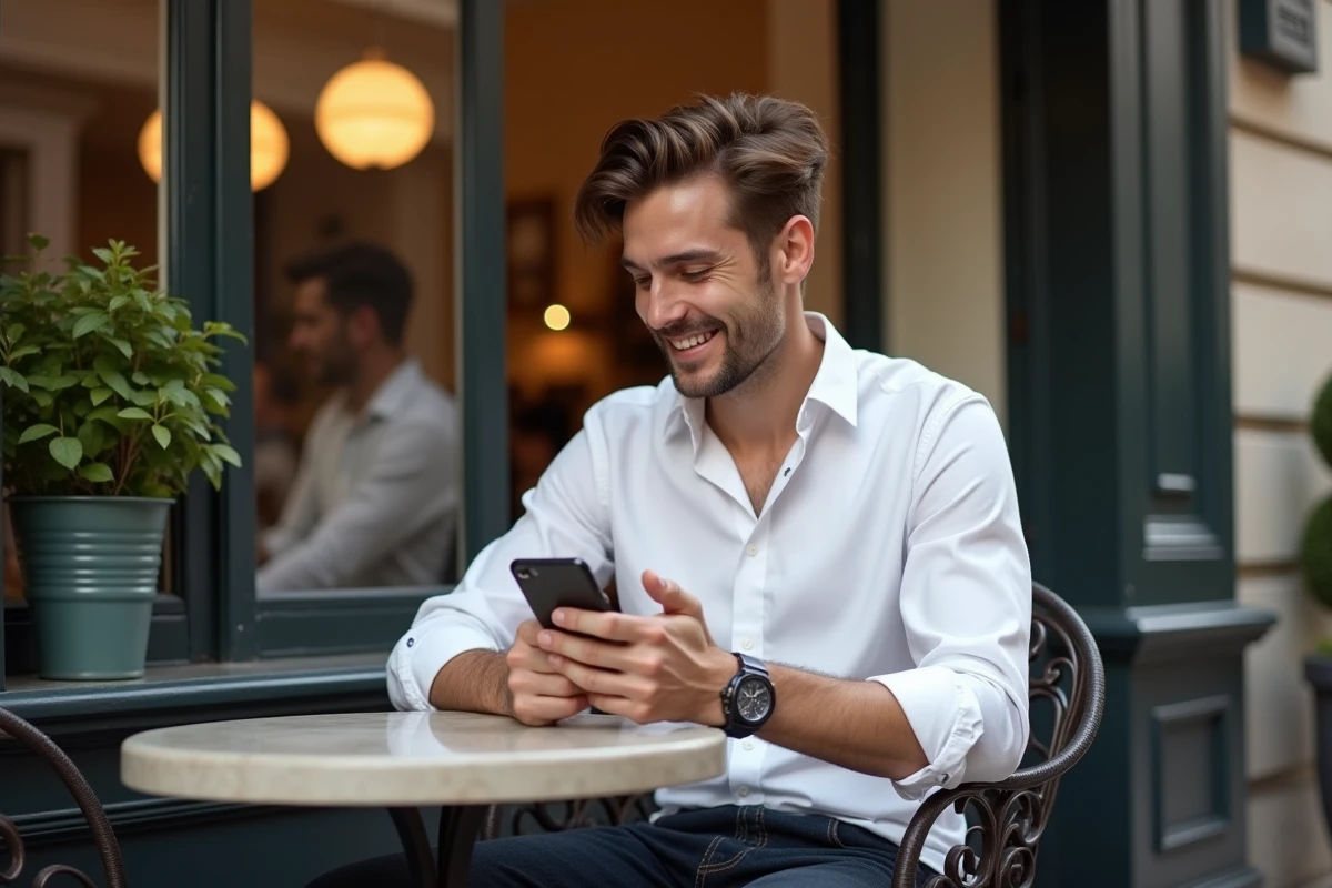 Homme souriant réservant un rendez-vous au café parisien