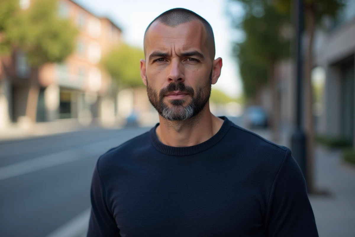 Homme d'une quarantaine d'années avec calvitie naissante et coupe buzz cut assumée en contexte urbain