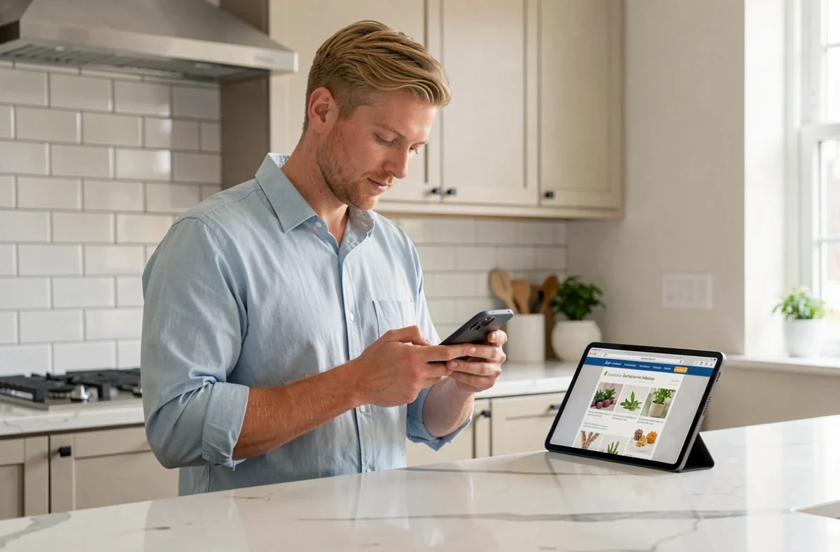 Homme consultant une application cashback sur smartphone à côté d'une tablette affichant un site d'aromathérapie pour cumuler des économies