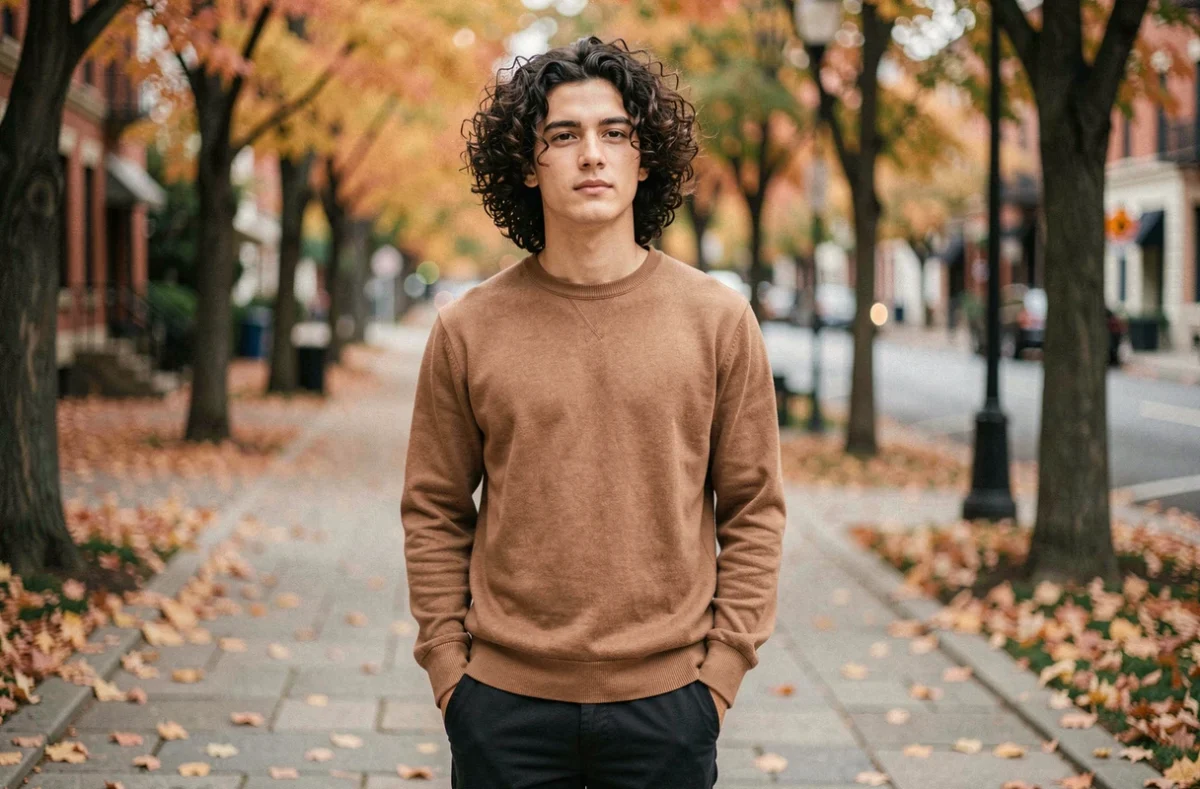 Jeune homme aux boucles longues et dégradé bas en extérieur dans une rue arborée en automne