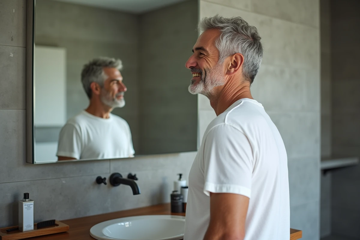 Homme de 50 ans admirant sa teinture cheveux gris dans le miroir de sa salle de bain moderne
