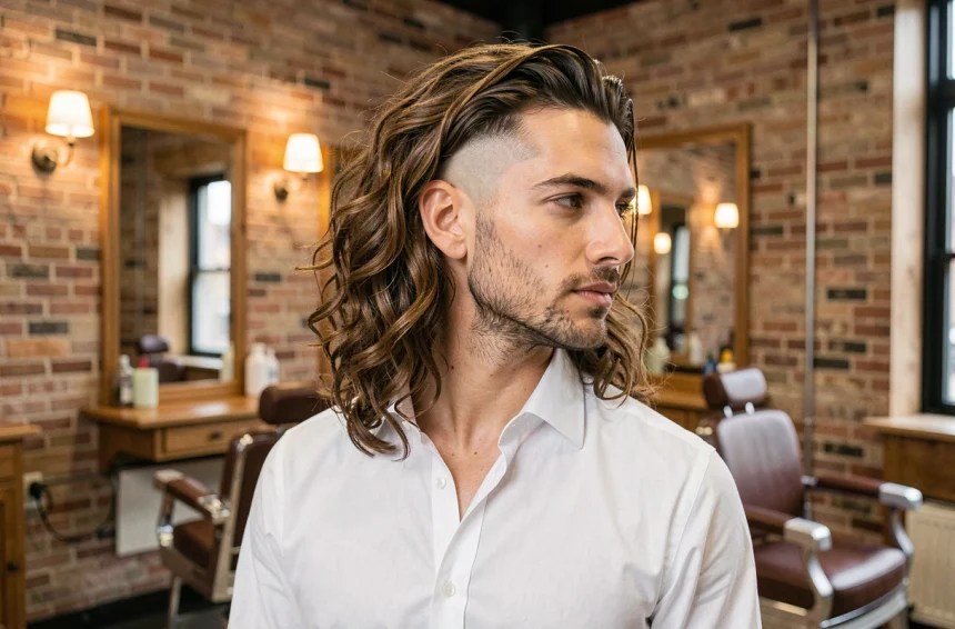 Homme aux cheveux longs avec dégradé bas dans un salon de coiffure urbain moderne