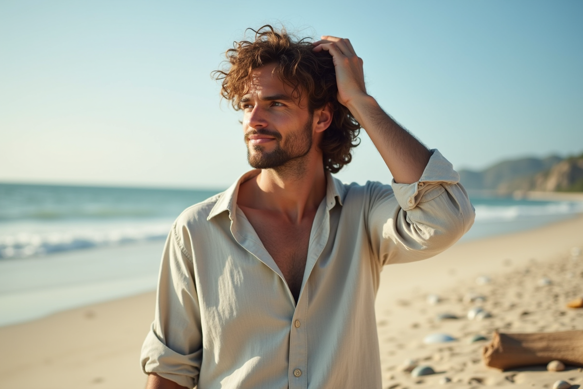 Jeune homme aux cheveux bouclés sur la plage regardant l
