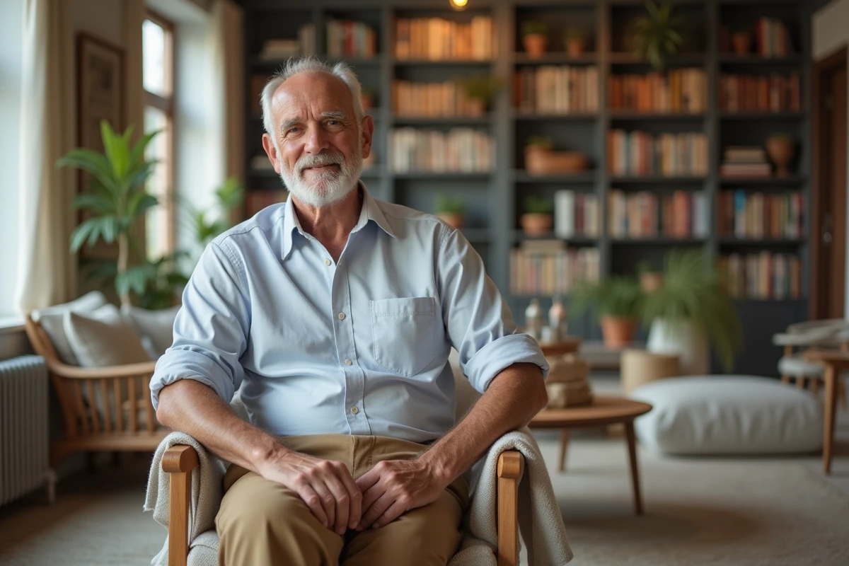 Homme assis dans un intérieur lumineux avec chino et chemise