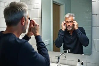 Homme dans la cinquantaine appliquant une coloration racine sur cheveux blancs dans sa salle de bain