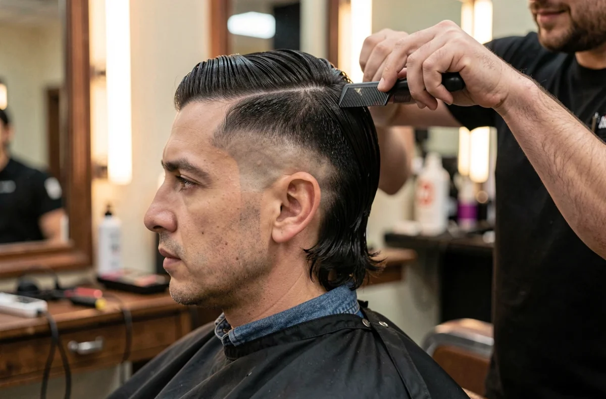Homme assis chez le barbier avec une coupe de cheveux longs dégradé bas en cours de réalisation