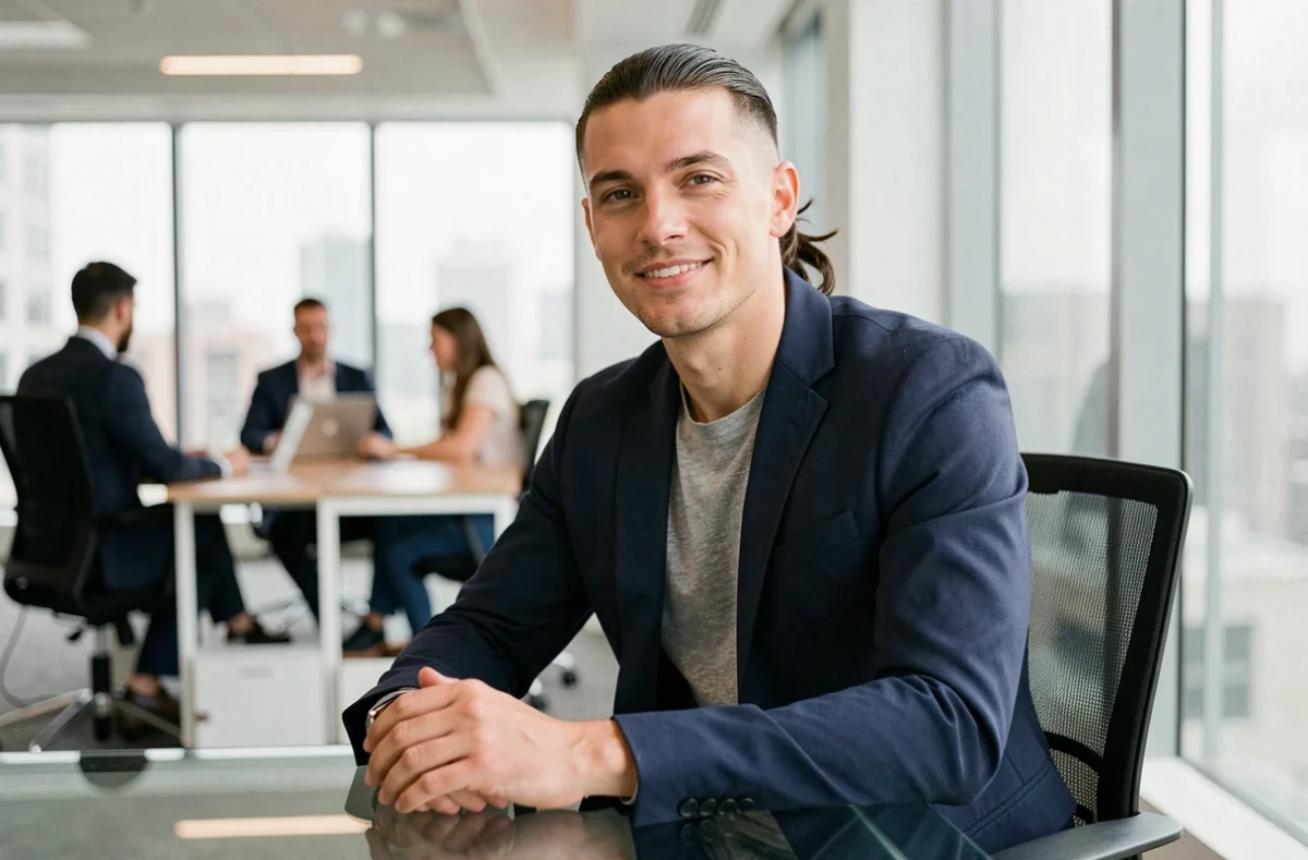 Homme professionnel avec coiffure longue et dégradé bas en environnement de bureau contemporain