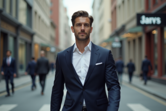 Homme élégant en costume dans une ville dynamique