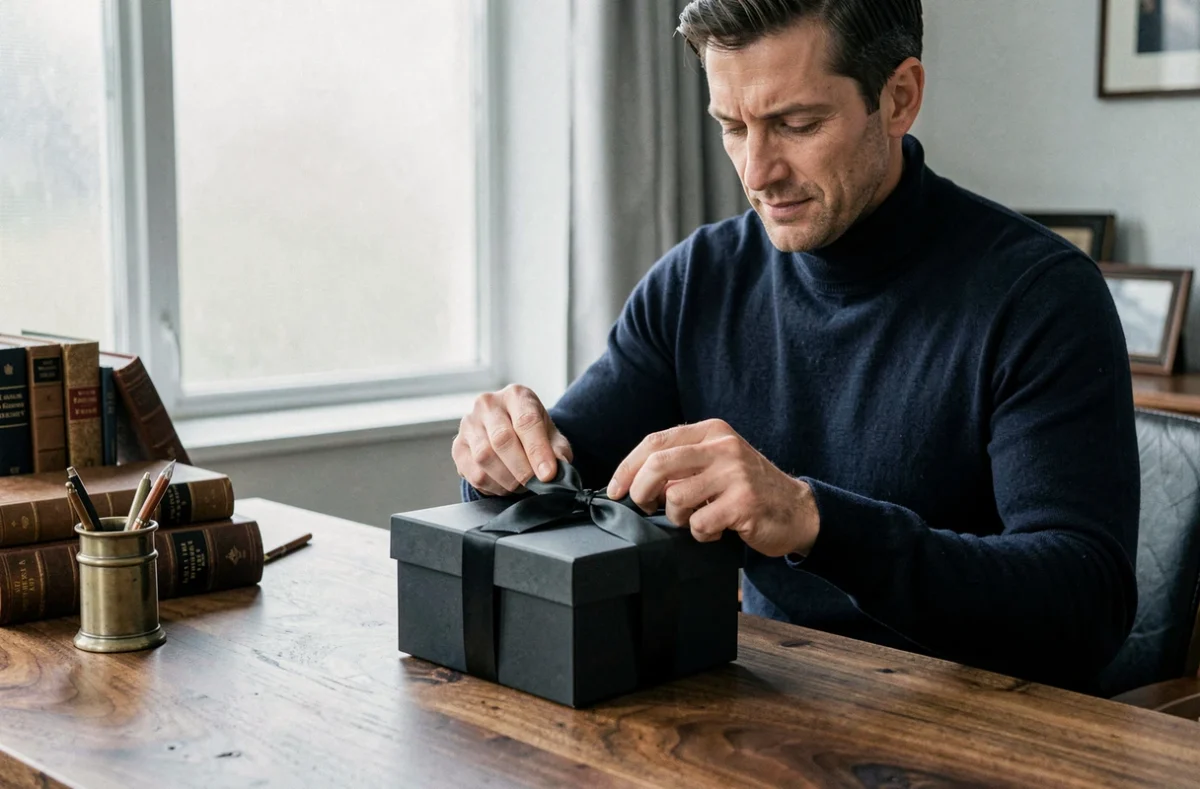 Homme préparant un cadeau de parfum Gissah avec un emballage élégant